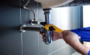 Plumber inspecting pipes under a sink in an Idaho Falls home