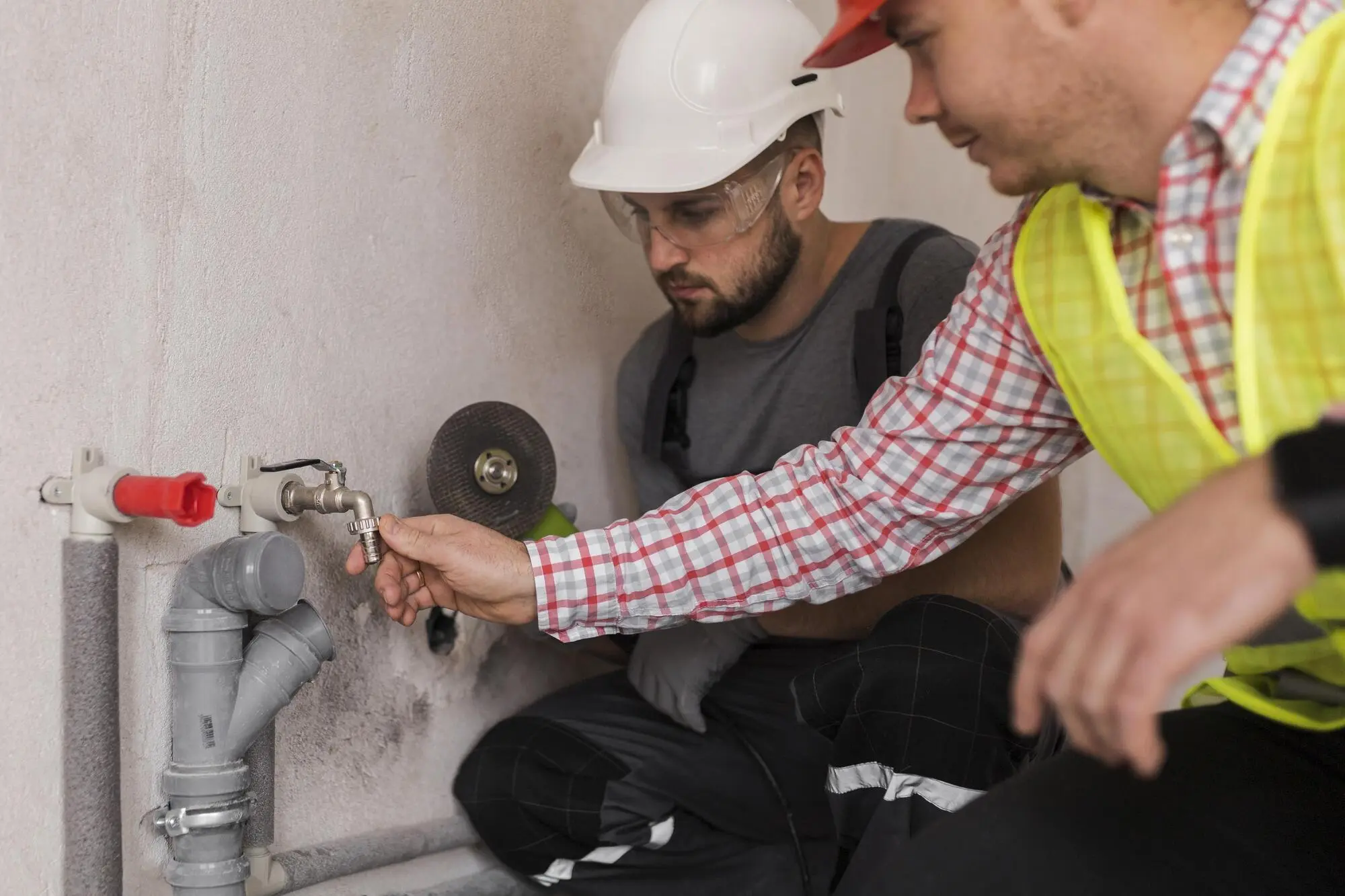 Two construction workers in hard hats and safety vests tighten plumbing pipes with wrenches in a concrete utility room