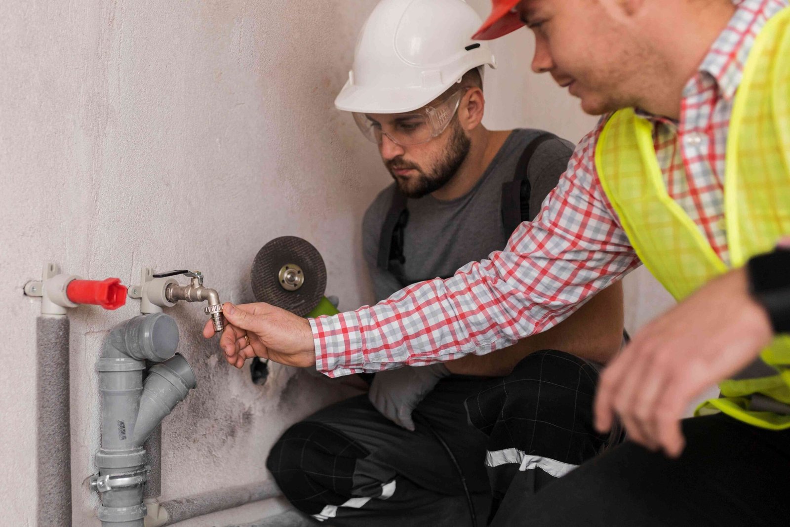 Two construction workers wearing hard hats and safety vests tighten a valve on exposed plumbing pipes against a unfinished wall.