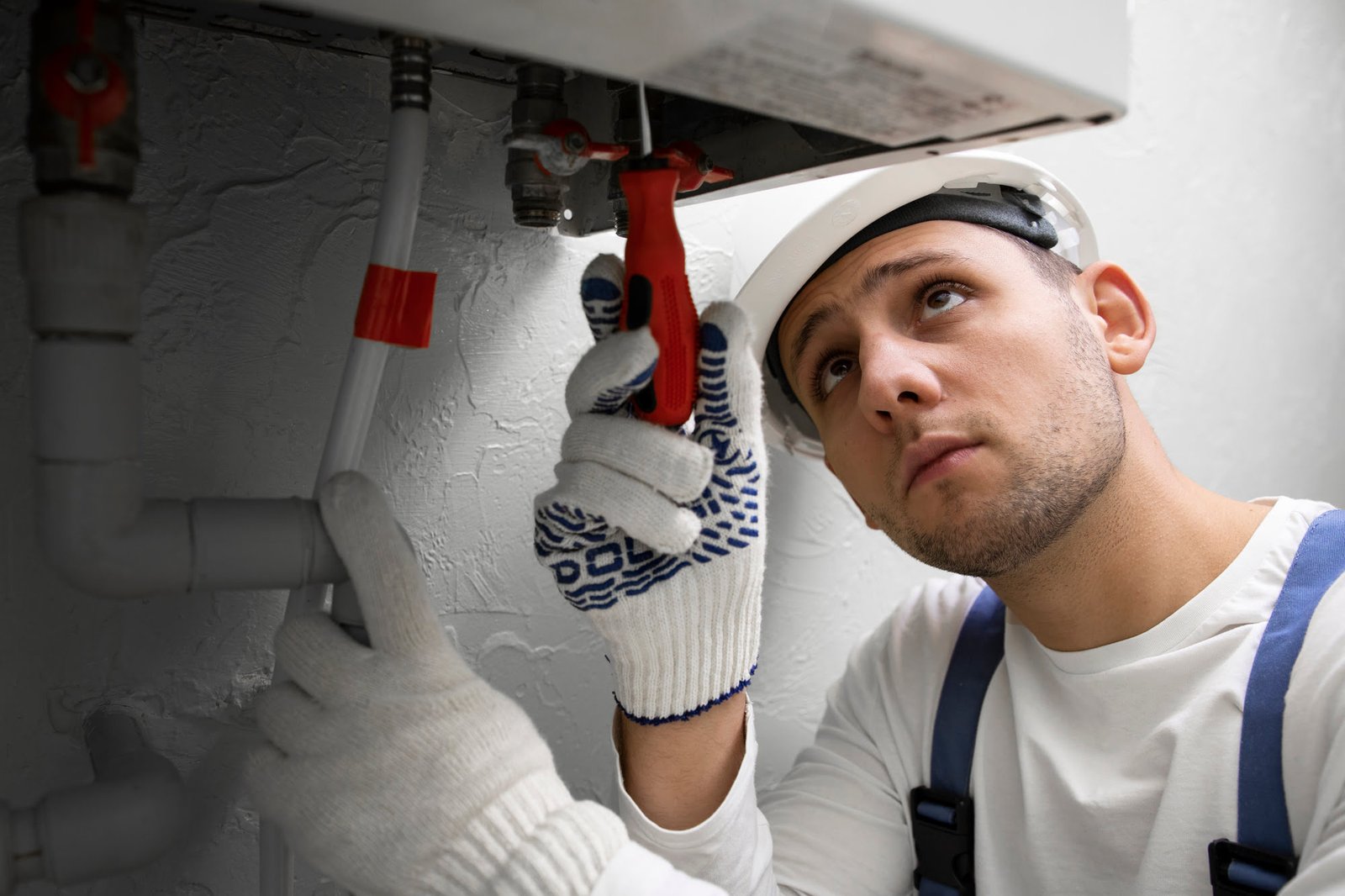 Tradesperson wearing a hard hat and gloves tightening a pipe with a red wrench under a sink.