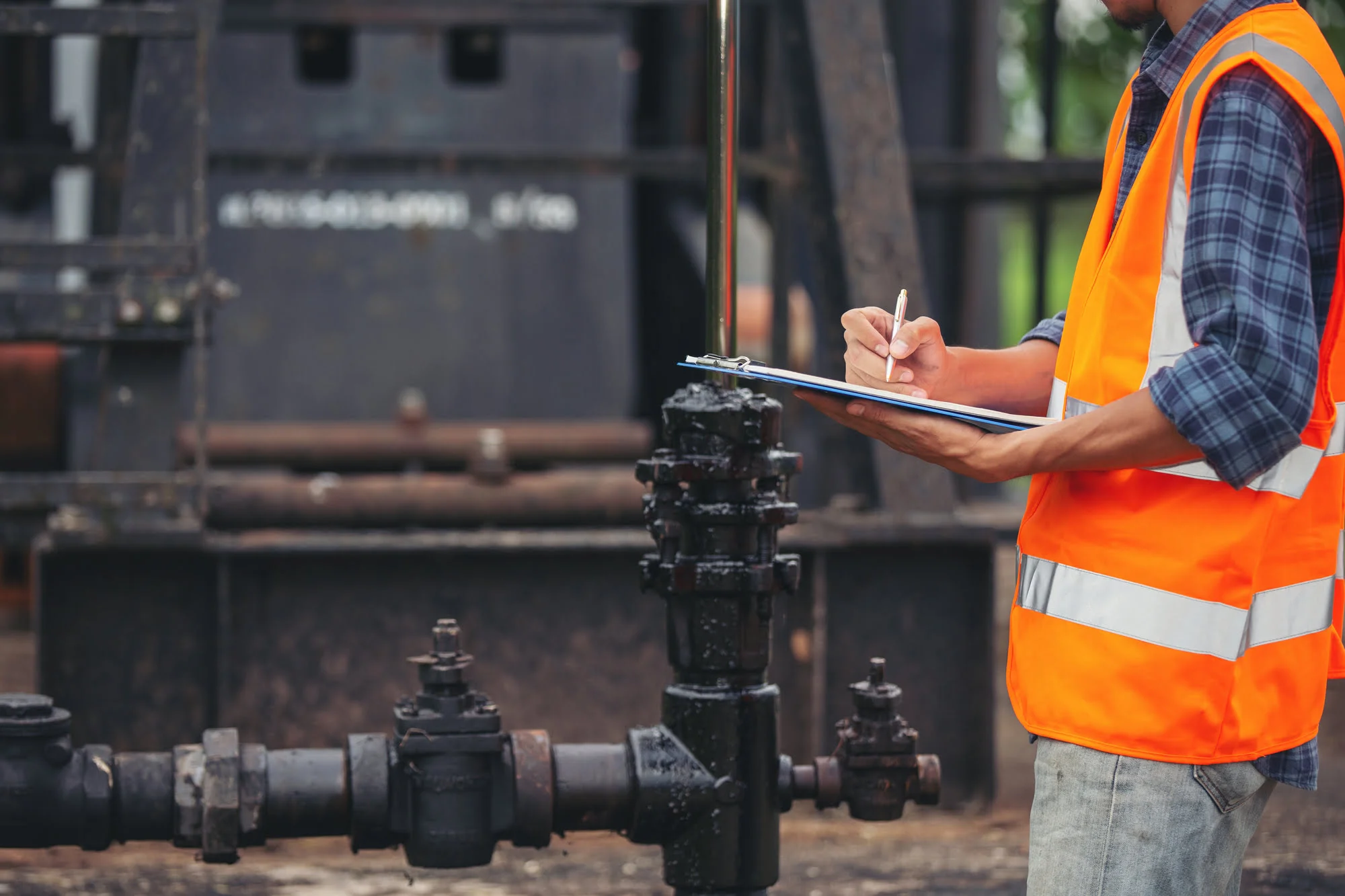 Construction worker in a bright orange safety vest writes on a clipboard beside large industrial valves.